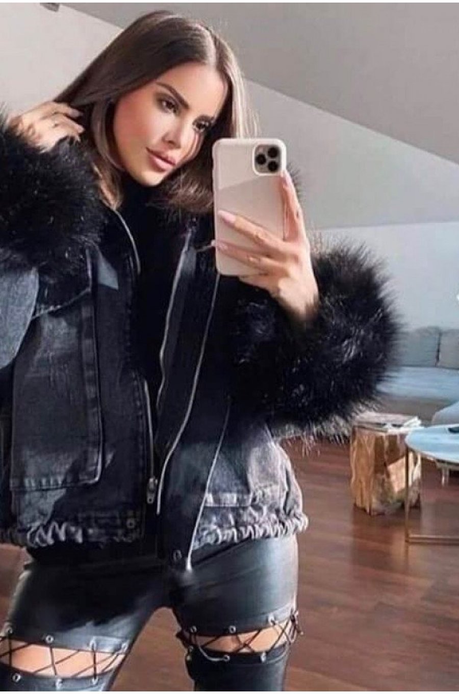 Geaca dama din denim negru cu blanita eco si gluga Sara 1 - jojofashion.ro