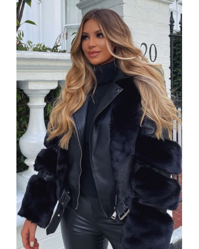 Geaca dama din piele eco si blana artificiala neagra Candy Geci dama, Geaca dama din piele eco si blana artificiala neagra Candy - jojofashion.ro