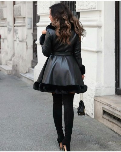 Geaca dama in clos piele eco neagra cu blanita Tereza Geci dama, Geaca dama in clos piele eco neagra cu blanita Tereza - jojofashion.ro