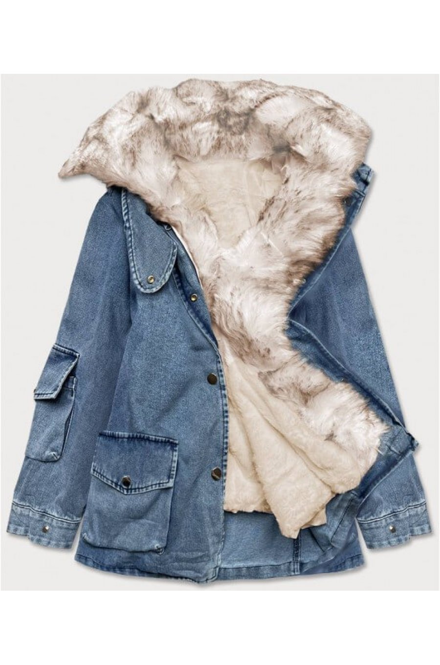 Geaca dama oversize denim albastru cu guler din blanita bej Nicky 4 - jojofashion.ro