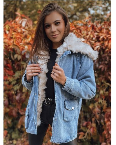 Geaca dama oversize denim albastru cu guler din blanita bej Nicky - jojofashion.ro