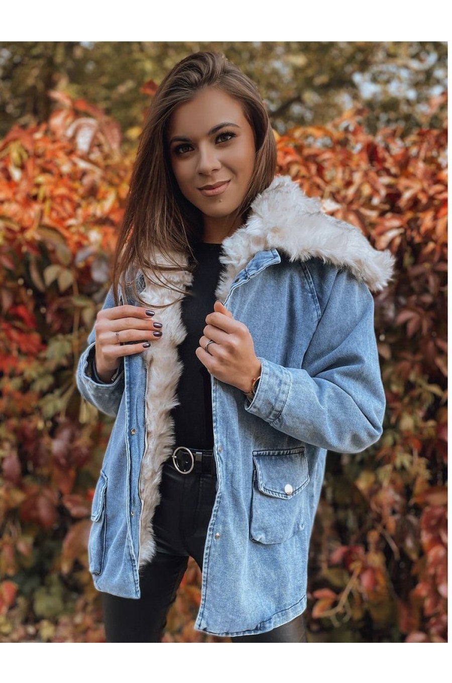 Geaca dama oversize denim albastru cu guler din blanita bej Nicky 1 - jojofashion.ro