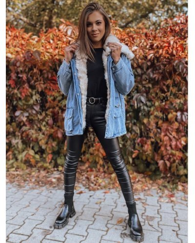 Geaca dama oversize denim albastru cu guler din blanita bej Nicky - jojofashion.ro