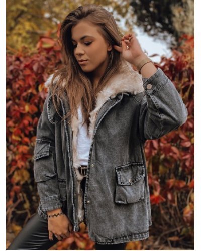 Geaca dama oversize denim negru cu guler din blanita bej Nicky - jojofashion.ro