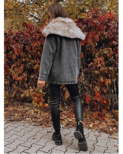 Geaca dama oversize denim negru cu guler din blanita bej Nicky - jojofashion.ro