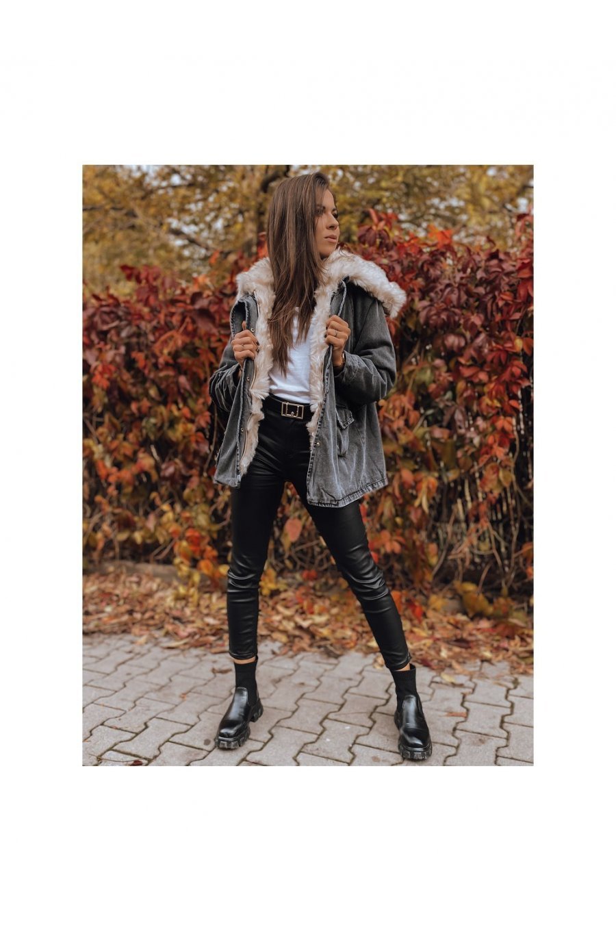 Geaca dama oversize denim negru cu guler din blanita bej Nicky 5 - jojofashion.ro