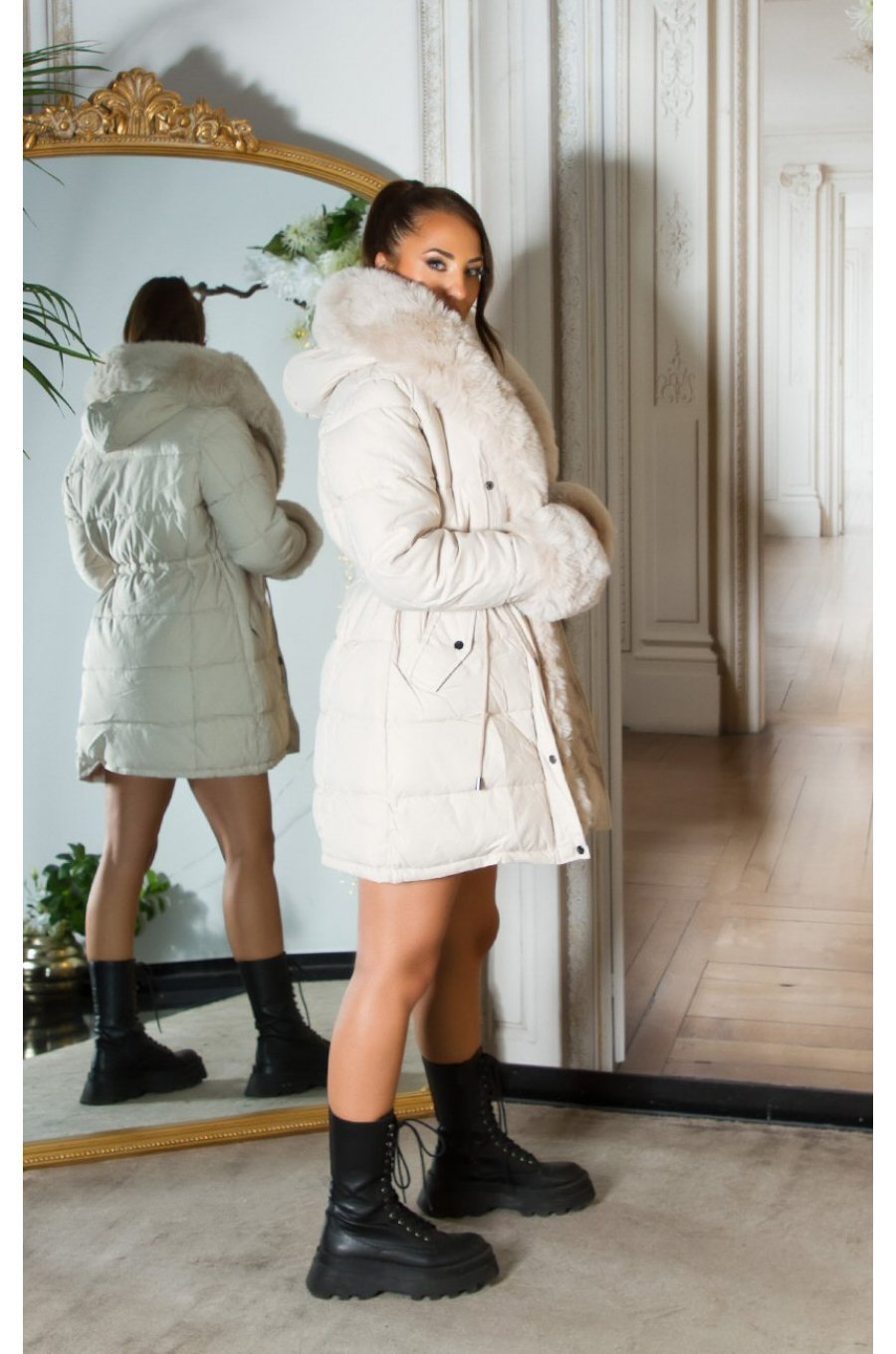 Geaca dama de iarna midi parka, bej, matlasata, cu gluga si blanita eco, Elora 3 - jojofashion.ro