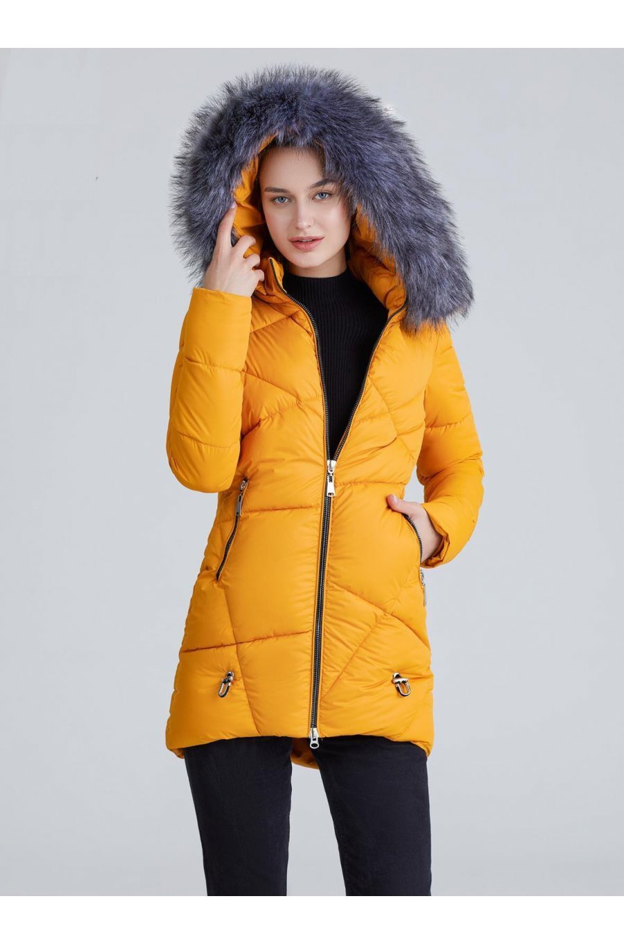 Geaca dama parka fas galben cu gluga si blanita eco gri Noriette 1 - jojofashion.ro