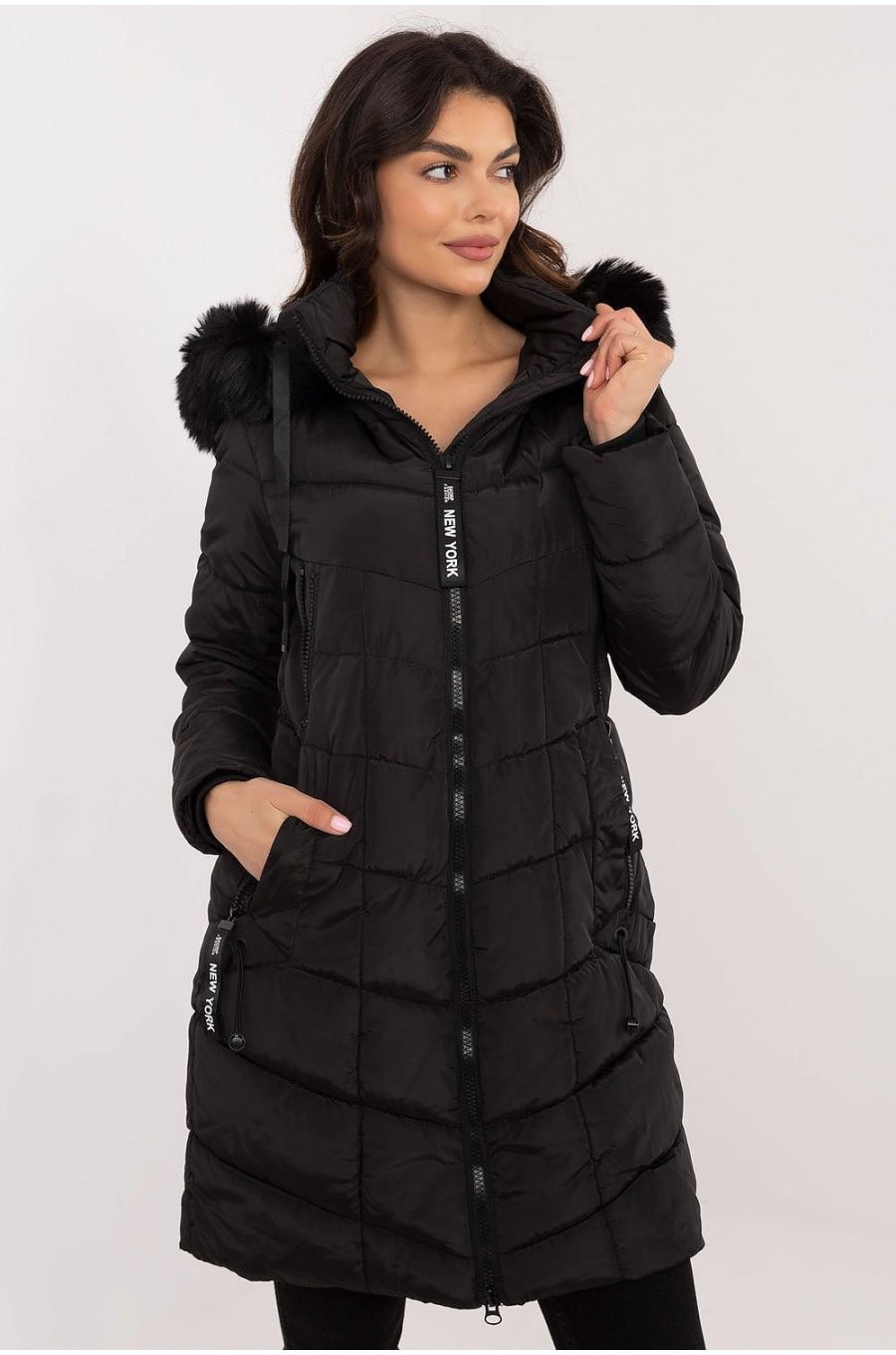 Geaca dama de iarna parka lunga, neagra, matlasata, cu gluga si blanita, Elina 1 - jojofashion.ro