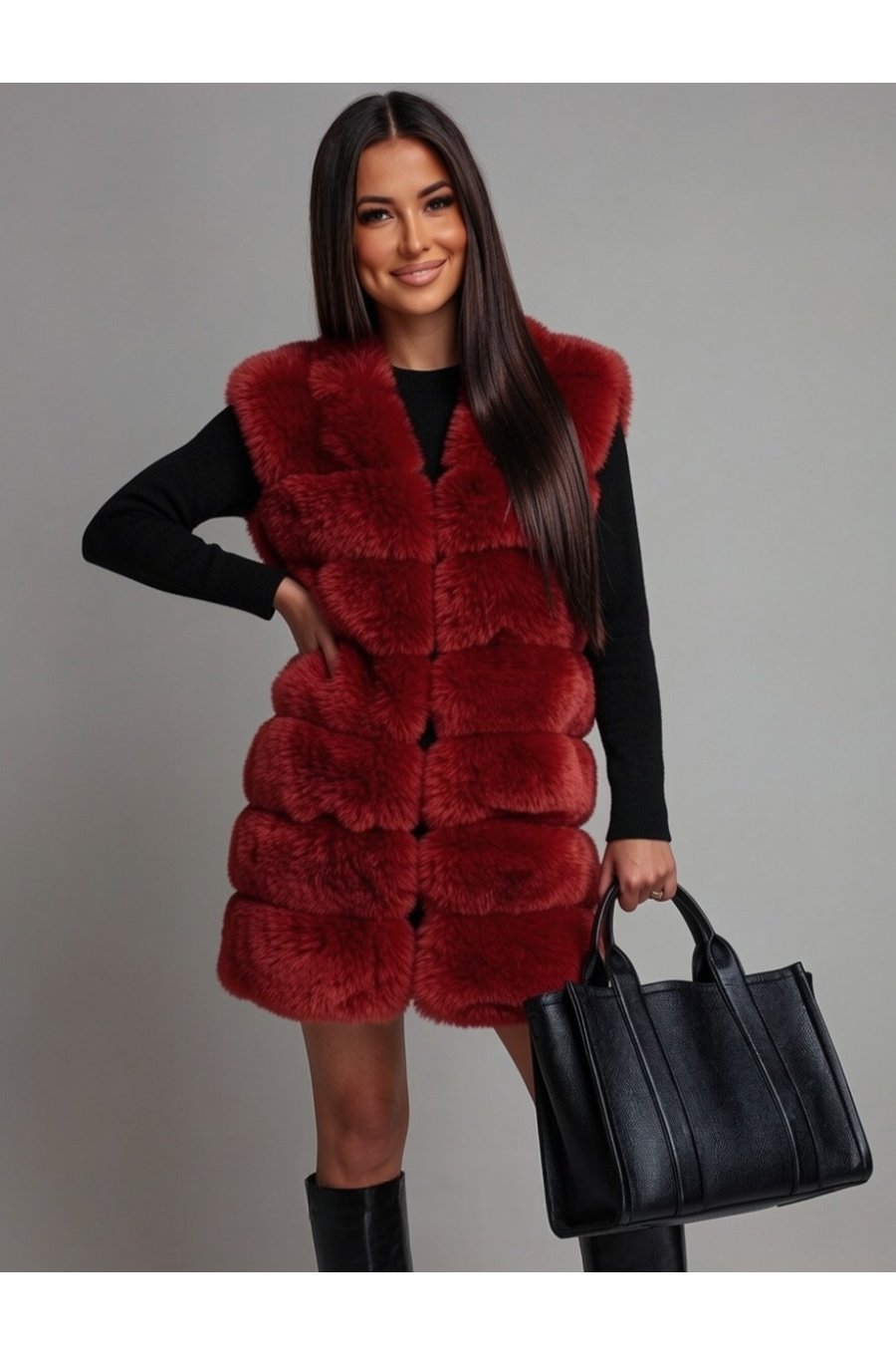 Vesta dama din blana eco rosie Felicia 1 - jojofashion.ro