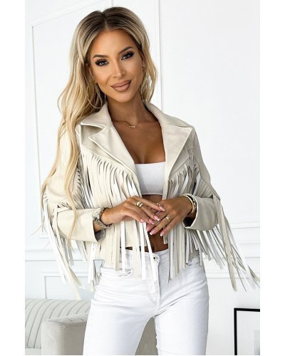 Geaca dama biker de primavara, scurta, din piele eco bej, cu franjuri, Dayna Geaca dama biker de primavara, scurta, din piele eco bej, cu franjuri, Dayna - jojofashion.ro