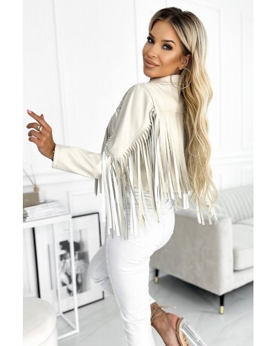 Geaca dama biker de primavara, scurta, din piele eco bej, cu franjuri, Dayna Geci dama, Geaca dama biker de primavara, scurta, din piele eco bej, cu franjuri, Dayna - jojofashion.ro