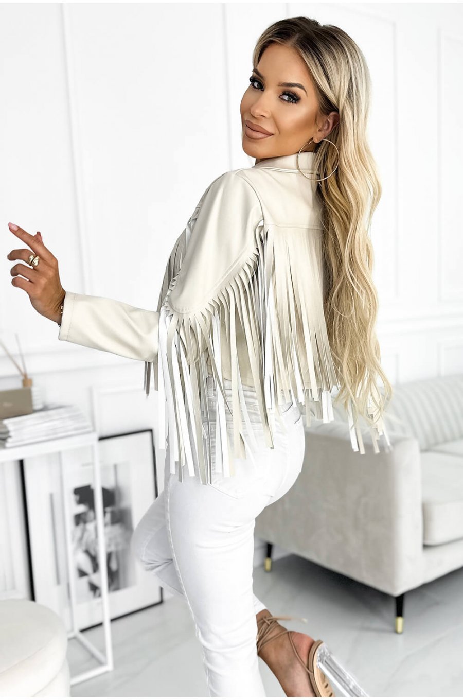 Geaca dama biker de primavara, scurta, din piele eco bej, cu franjuri, Dayna 2 - jojofashion.ro