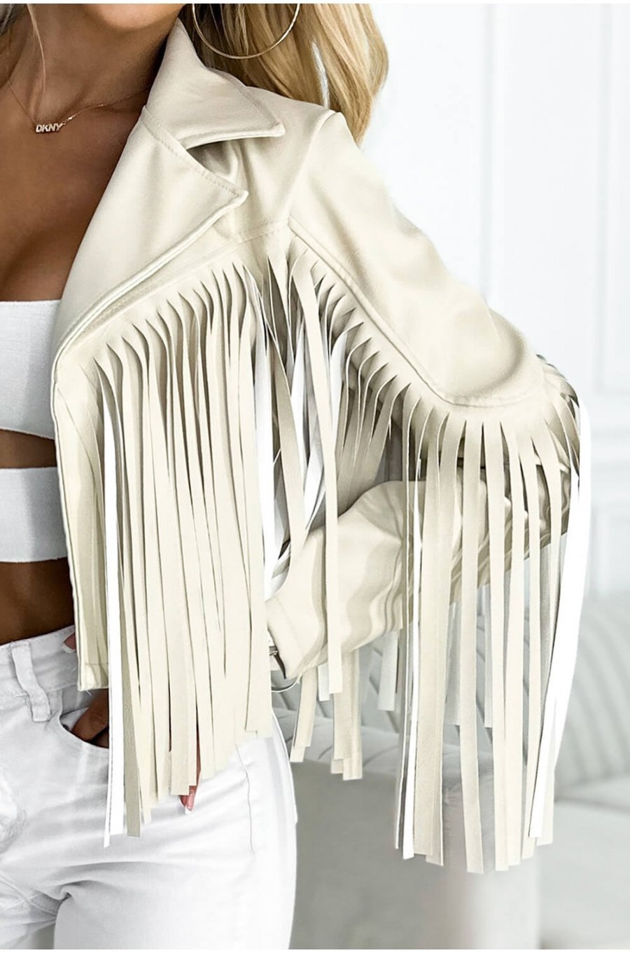 Geaca dama biker de primavara, scurta, din piele eco bej, cu franjuri, Dayna 5 - jojofashion.ro