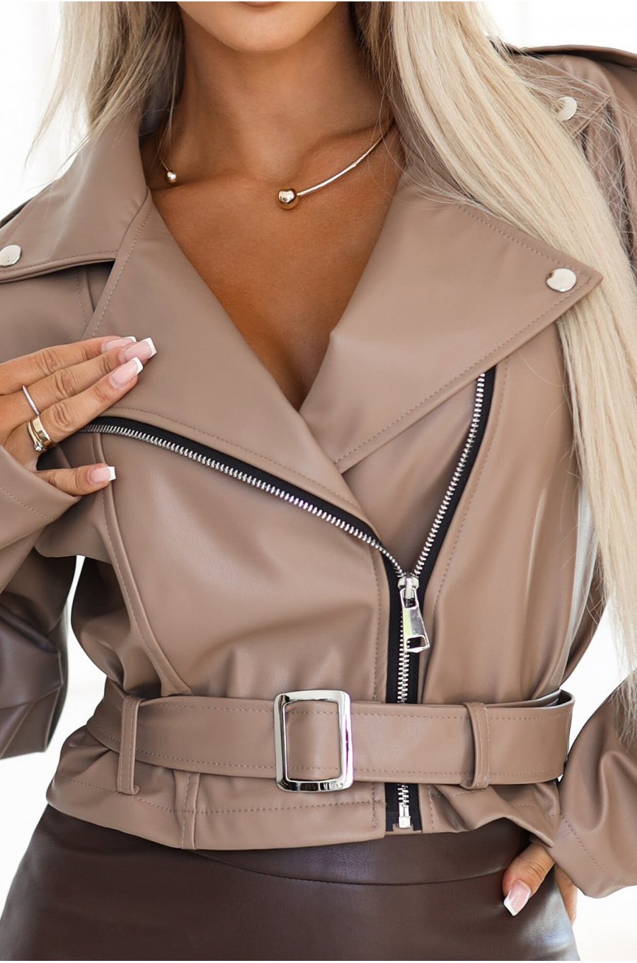 Geaca dama biker scurta cappucino cu fermoare si curea Lotus 4 - jojofashion.ro