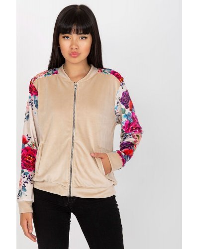 Geaca dama catifea bej cu print floral Renya1 Geci dama, Geaca dama catifea bej cu print floral Renya1 - jojofashion.ro