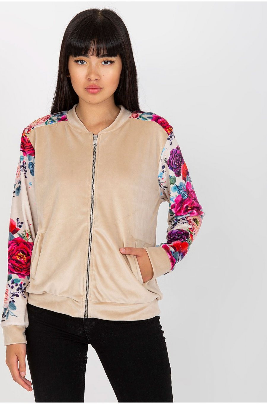 Geaca dama catifea bej cu print floral Renya1 Geaca dama catifea bej cu print floral Renya1 1 - jojofashion.ro