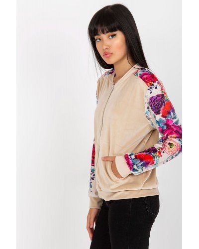 Geaca dama catifea bej cu print floral Renya1 Geci dama, Geaca dama catifea bej cu print floral Renya1 - jojofashion.ro