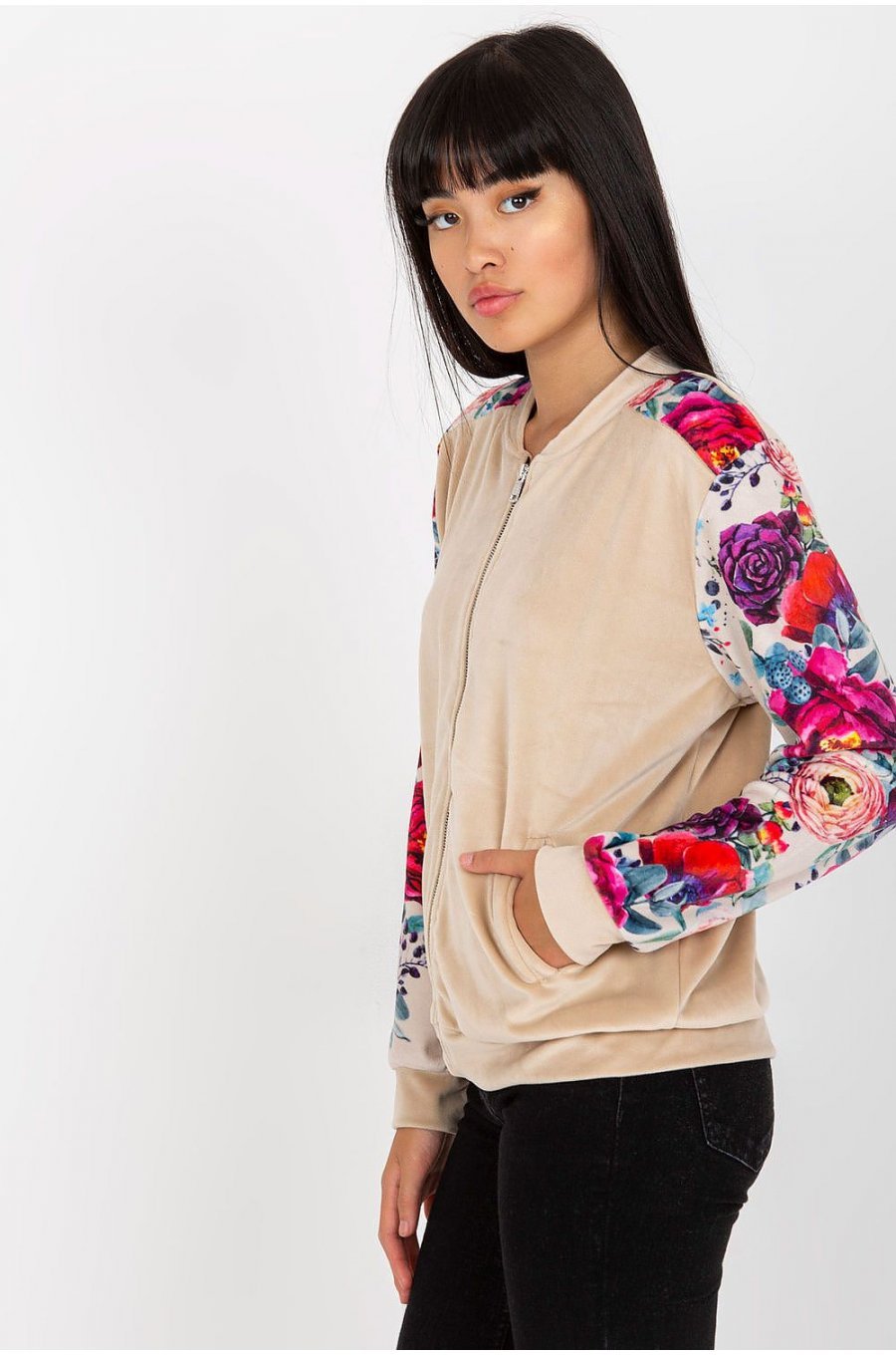 Geaca dama catifea bej cu print floral Renya1 Geaca dama catifea bej cu print floral Renya1 2 - jojofashion.ro