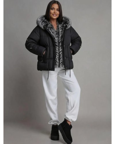 Geci dama, Geaca dama de iarna matlasata neagra cu blana eco argintie si gluga SilverFox - jojofashion.ro