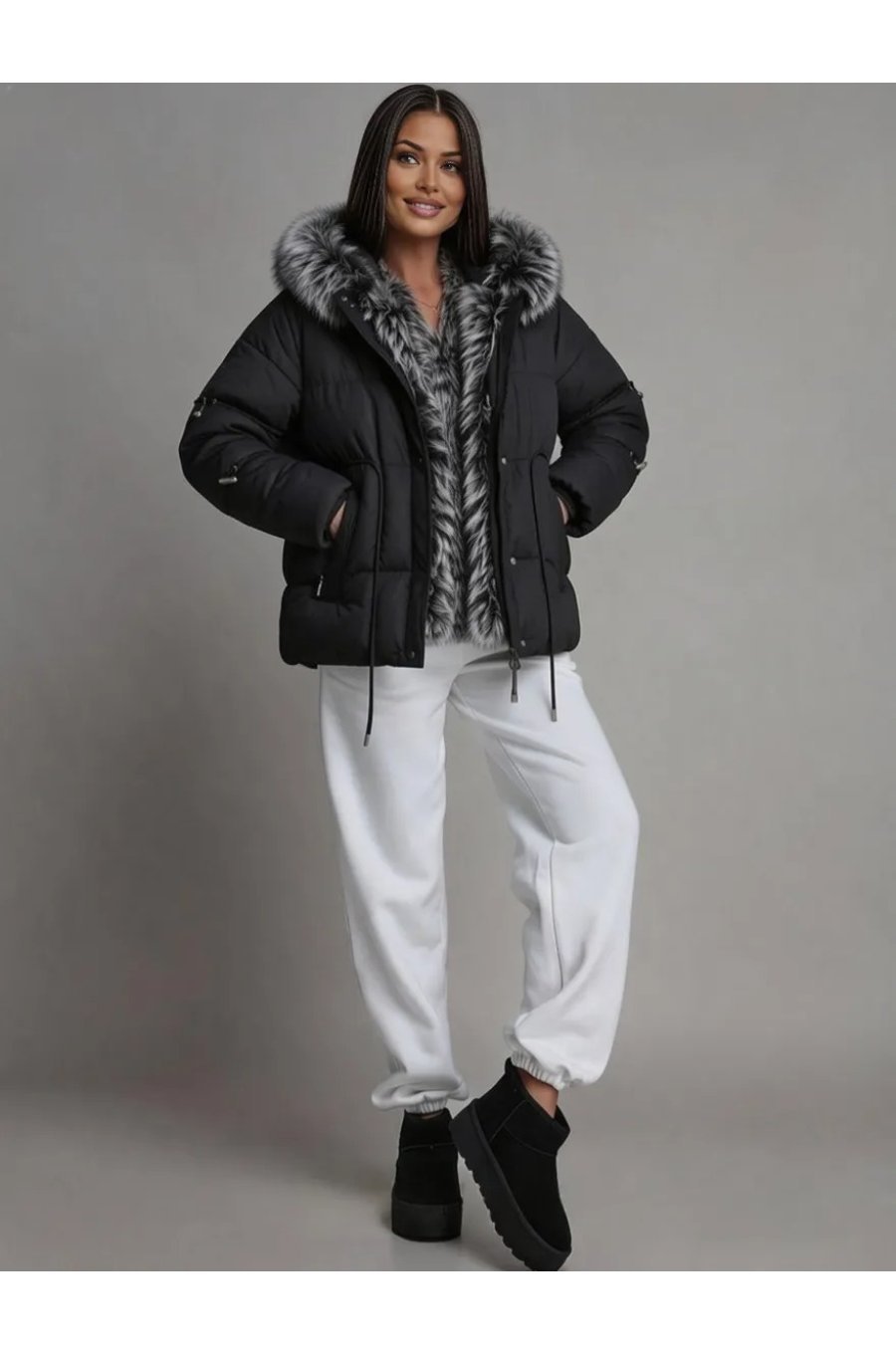 Geaca dama de iarna matlasata neagra cu blana eco argintie si gluga SilverFox 1 - jojofashion.ro