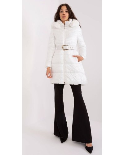Geaca dama de iarna parka lunga, din nylon, alba, matlasata, cu gluga si blanita eco, Siempre Geci dama, Geaca dama de iarna parka lunga, din nylon, alba, matlasata, cu gluga si blanita eco, Siempre - jojofashion.ro