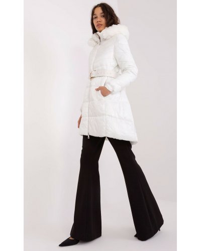 Geaca dama de iarna parka lunga, din nylon, alba, matlasata, cu gluga si blanita eco, Siempre Geci dama, Geaca dama de iarna parka lunga, din nylon, alba, matlasata, cu gluga si blanita eco, Siempre - jojofashion.ro