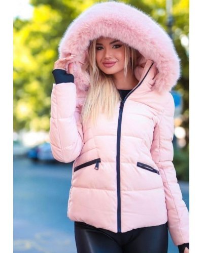Geaca dama de iarna scurta, roz , matlasata, cambrata, cu gluga si blana, Pinky Geci dama, Geaca dama de iarna scurta, roz , matlasata, cambrata, cu gluga si blana, Pinky - jojofashion.ro