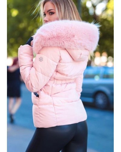 Geaca dama de iarna scurta, roz , matlasata, cambrata, cu gluga si blana, Pinky Geci dama, Geaca dama de iarna scurta, roz , matlasata, cambrata, cu gluga si blana, Pinky - jojofashion.ro