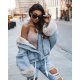 Geaca dama denim albastru cu gluga si blana eco bej oversize Madelyne 2 - jojofashion.ro