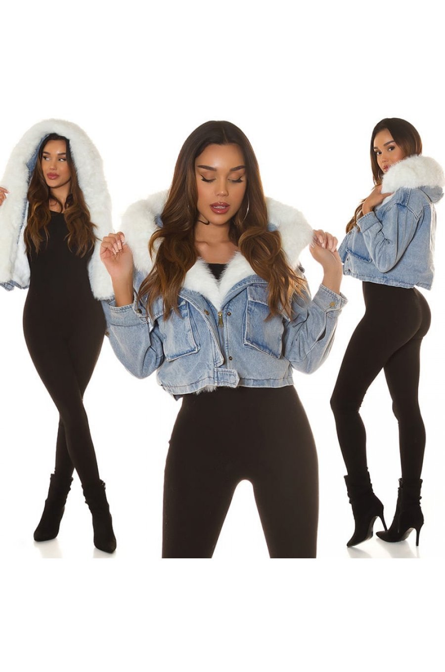 Geaca dama din denim albastru cu guler din blana eco alba Sara 7 - jojofashion.ro