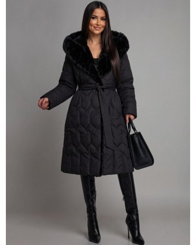 Geci dama, Geaca dama lunga neagra matlasata cu gluga si blana eco Eira - jojofashion.ro