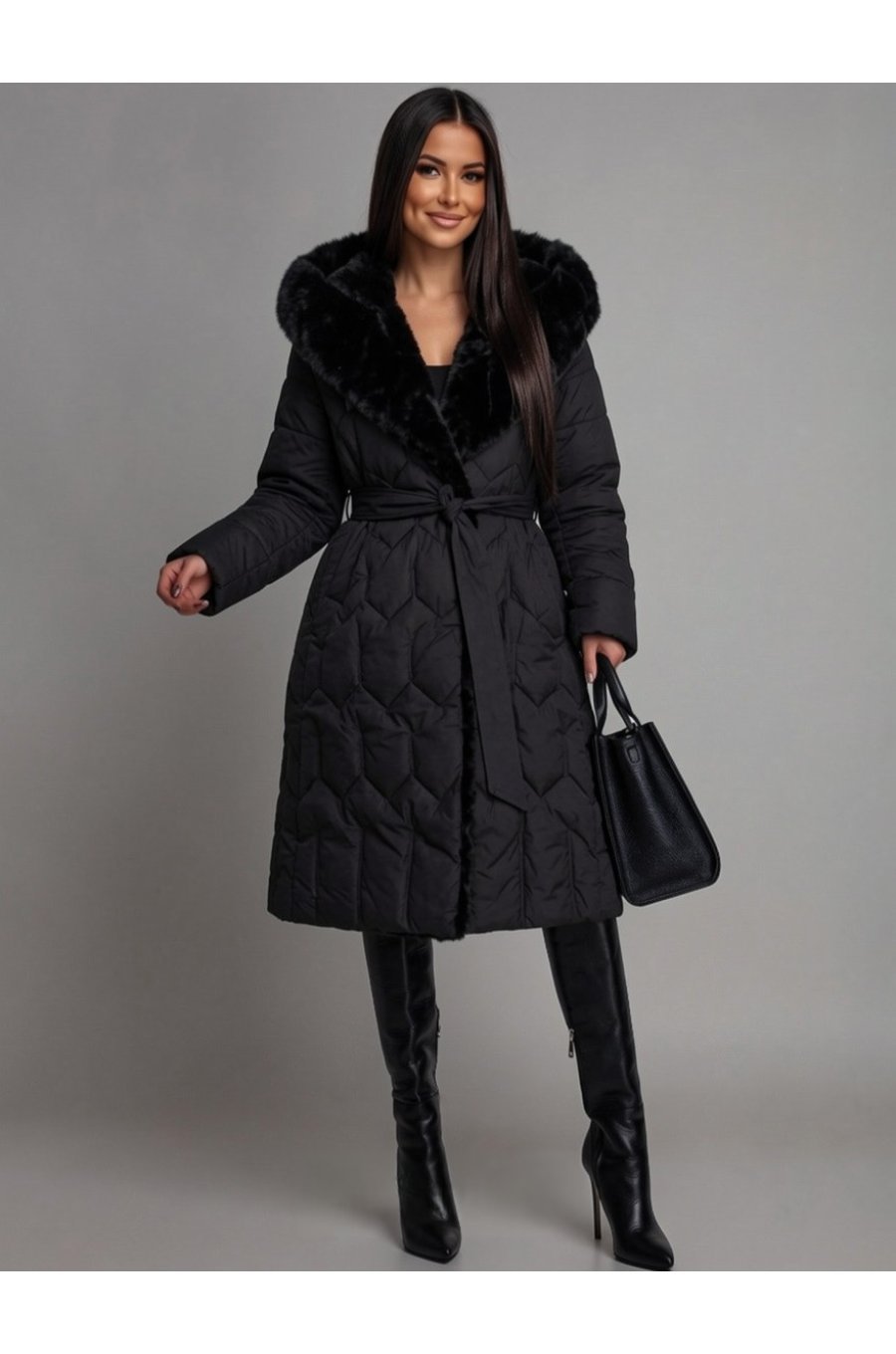 Geaca dama lunga neagra matlasata cu gluga si blana eco Eira 2 - jojofashion.ro