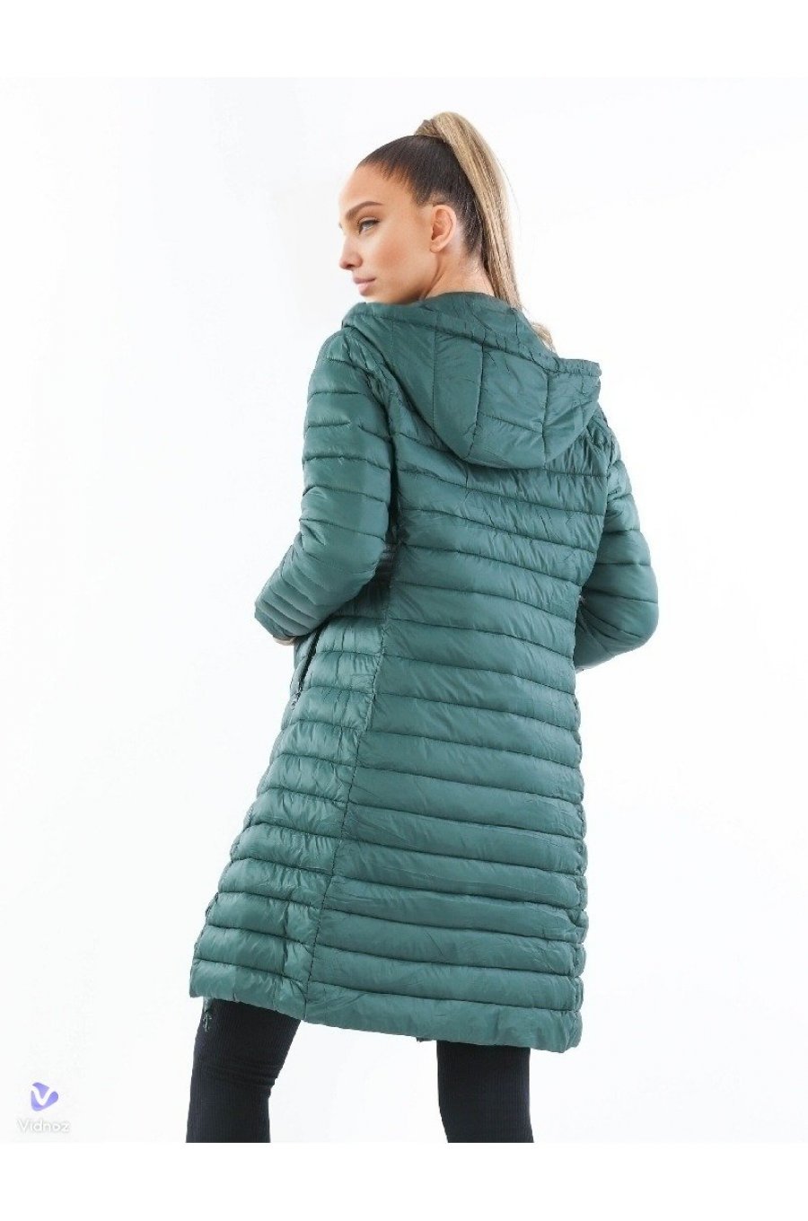 Geaca dama midi, din fas verde, cu gluga, Aresha Geaca dama midi, din fas verde, cu gluga, Aresha 2 - jojofashion.ro