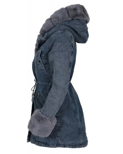 Geaca dama parka din denim cu blanita eco gri Wanda Geci dama, Geaca dama parka din denim cu blanita eco gri Wanda - jojofashion.ro