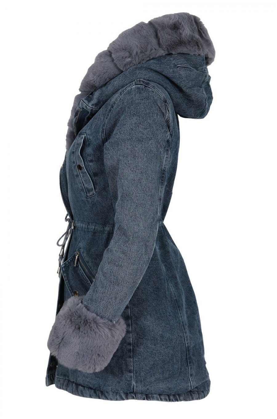 Geaca dama parka din denim cu blanita eco gri Wanda 2 - jojofashion.ro