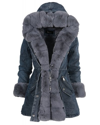 Geaca dama parka din denim cu blanita eco gri Wanda Geci dama, Geaca dama parka din denim cu blanita eco gri Wanda - jojofashion.ro