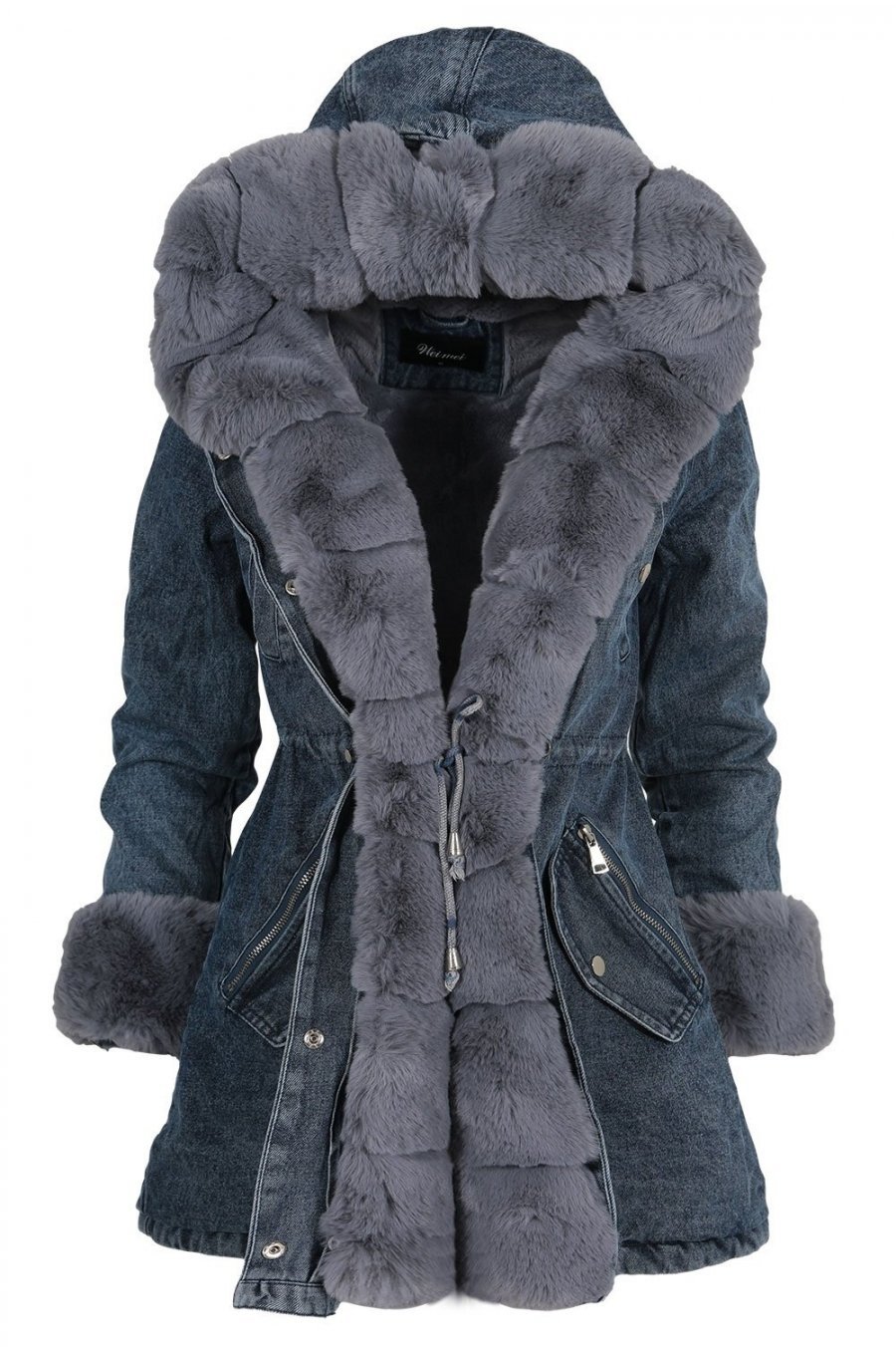 Geaca dama parka din denim cu blanita eco gri Wanda 1 - jojofashion.ro
