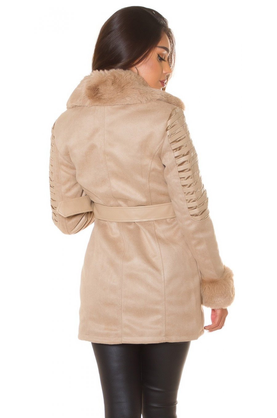 Geaca dama de iarna, cappuccino, piele eco, cu guler din blana artificiala, Aliko 2 - jojofashion.ro