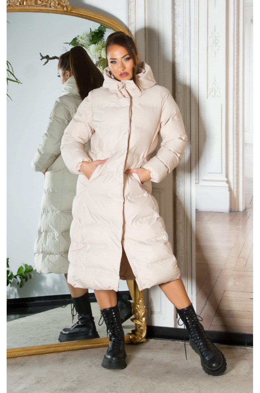 Geaca dama de iarna lunga, bej, parka, cu gluga, Feray 3 - jojofashion.ro