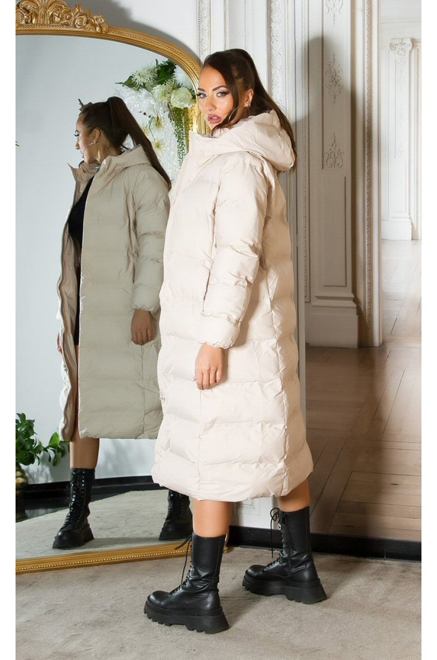 Geaca dama de iarna lunga, bej, parka, cu gluga, Feray 4 - jojofashion.ro