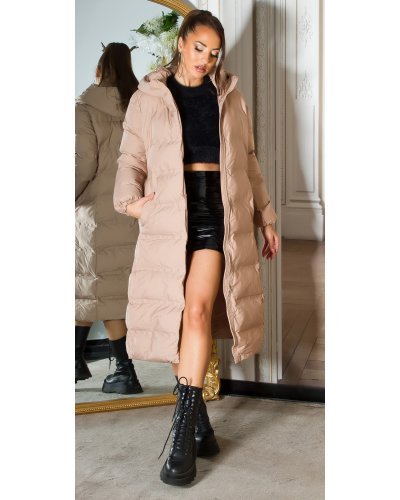 Geaca dama de iarna lunga, cappuccino, parka, cu gluga, Feray - jojofashion.ro