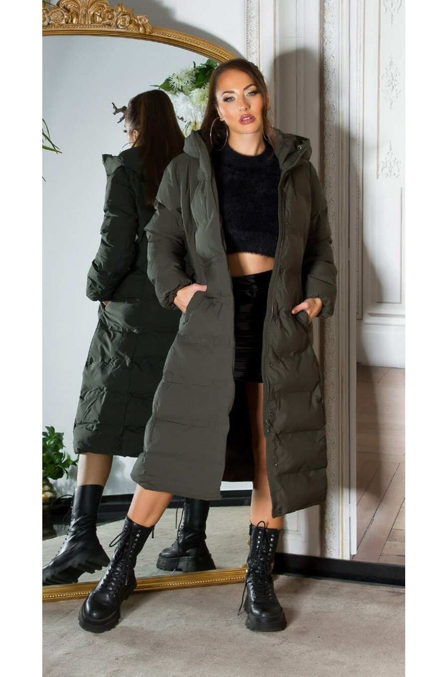 Geaca dama de iarna lunga, kaki, parka, cu gluga, Feray 5 - jojofashion.ro