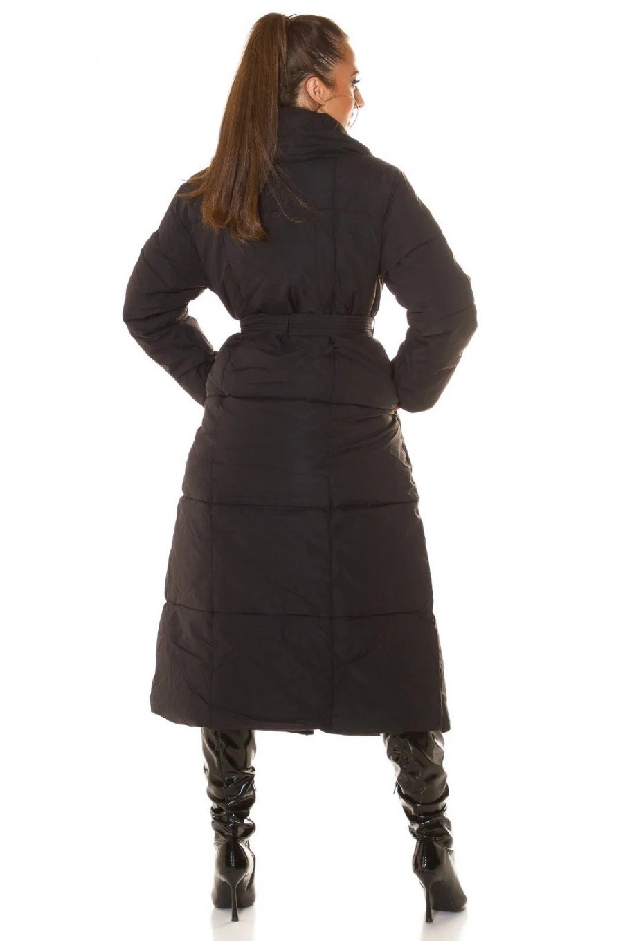 Geaca dama de iarna lunga, matlasata, neagra, cu guler lat, Guliz 2 - jojofashion.ro