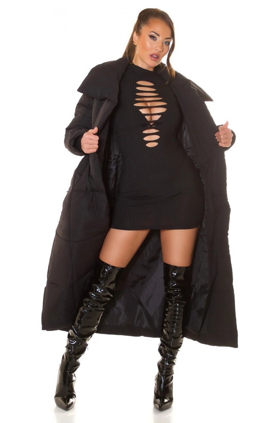 Geaca dama de iarna lunga, matlasata, neagra, cu guler lat, Guliz 3 - jojofashion.ro