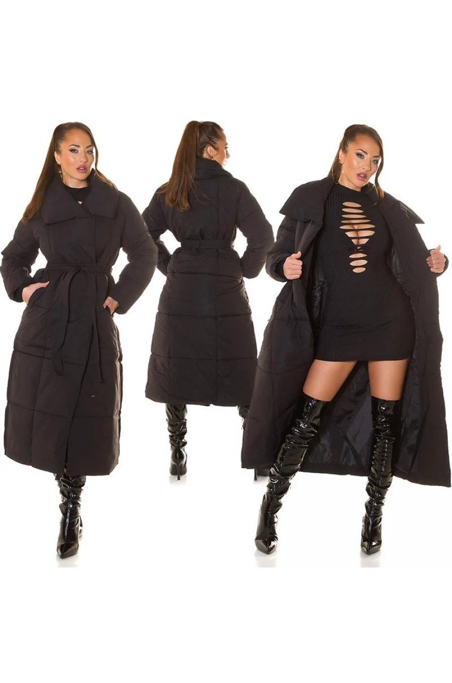 Geaca dama de iarna lunga, matlasata, neagra, cu guler lat, Guliz 7 - jojofashion.ro