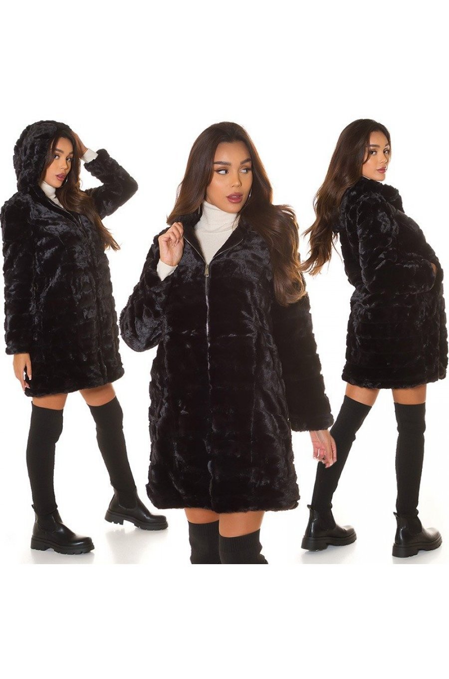Geaca dama de iarna midi, blana eco neagra, cu gluga, Lyubima 8 - jojofashion.ro