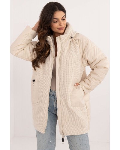 Geaca dama de iarna midi, din fas si catifea, bej, cu gluga, Korry Geci dama, Geaca dama de iarna midi, din fas si catifea, bej, cu gluga, Korry - jojofashion.ro