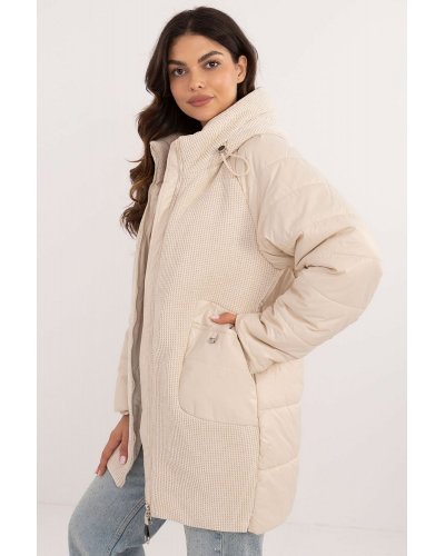Geaca dama de iarna midi, din fas si catifea, bej, cu gluga, Korry Geci dama, Geaca dama de iarna midi, din fas si catifea, bej, cu gluga, Korry - jojofashion.ro