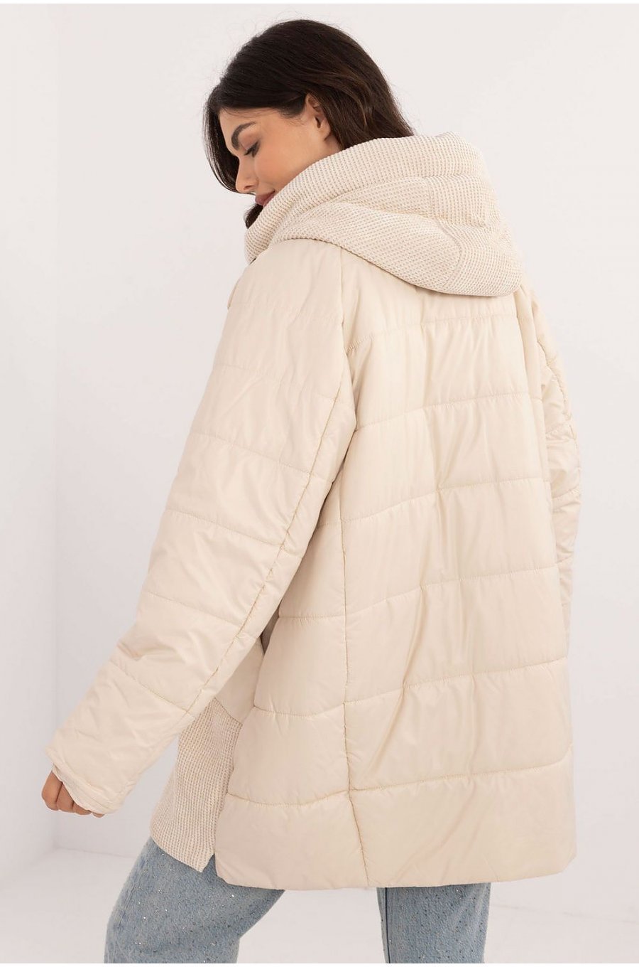 Geaca dama de iarna midi, din fas si catifea, bej, cu gluga, Korry Geaca dama de iarna midi, din fas si catifea, bej, cu gluga, Korry 3 - jojofashion.ro